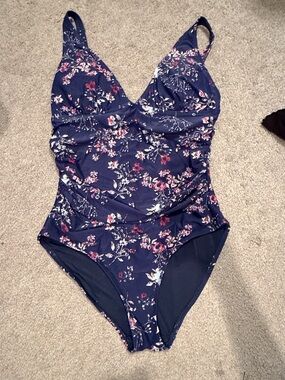 Navy Floral One-Piece Swimsuit - Girls' Floral Swim Footie